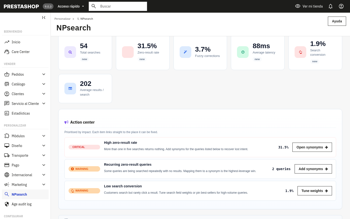 NP Search analytics Action Center