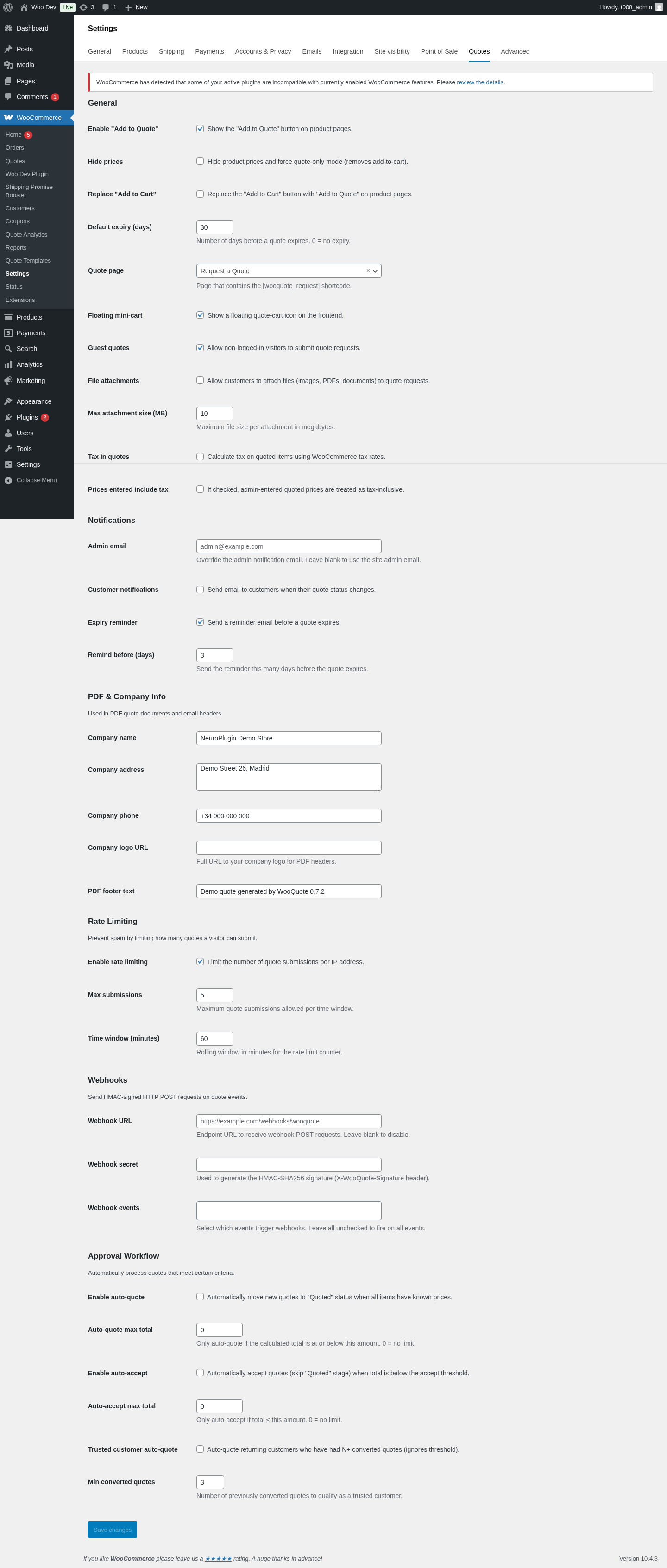 WooQuote admin settings