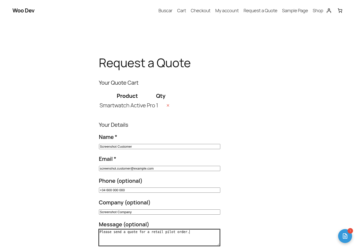 WooQuote frontend quote cart form